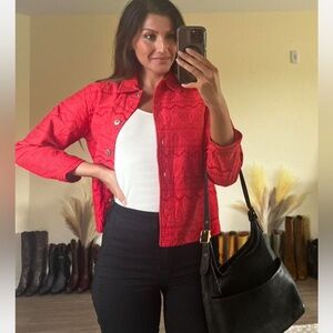 Chico’s Design vintage red Americana denim jacket with embroidered design